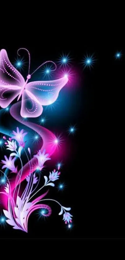 Vibrant neon butterfly and floral design on a black background mobile wallpaper.