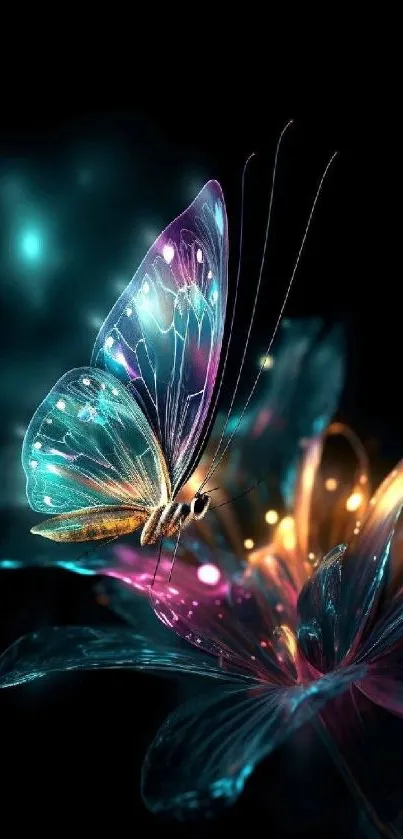 Neon butterfly on glowing flower mobile wallpaper.