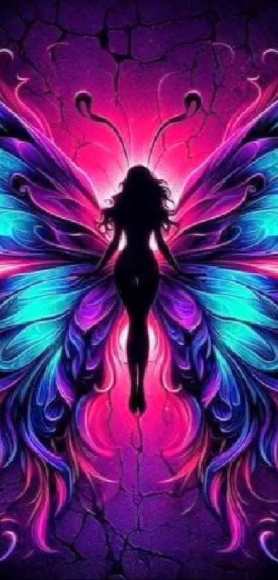 Silhouette of a girl with vibrant, neon butterfly wings on a dark background.