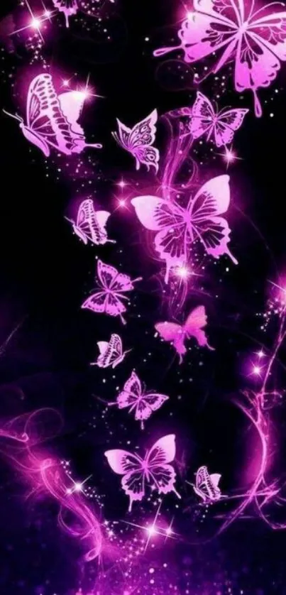 Neon butterflies glowing against a dark background.