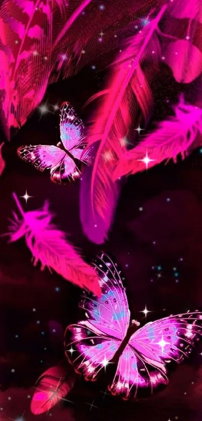 Neon pink butterflies with feathers on a dark background.