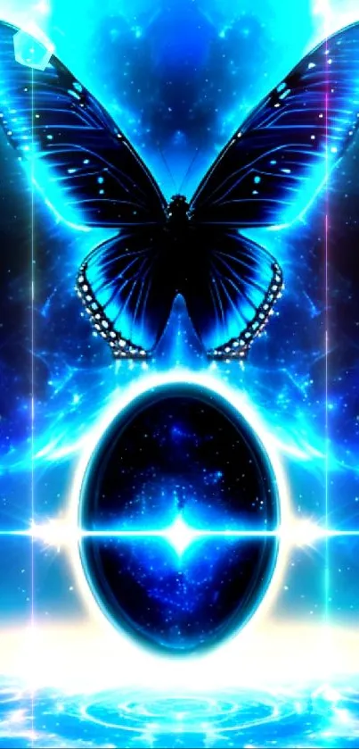 Neon blue butterfly with cosmic egg in galaxy background.