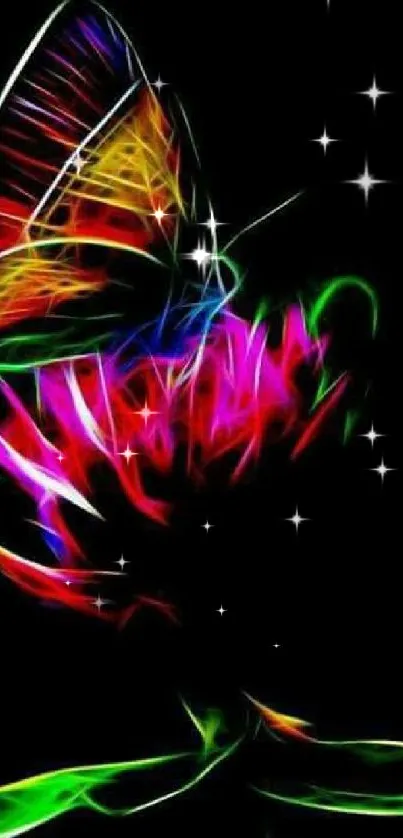 Neon butterfly and flower art on dark background with vibrant colors.