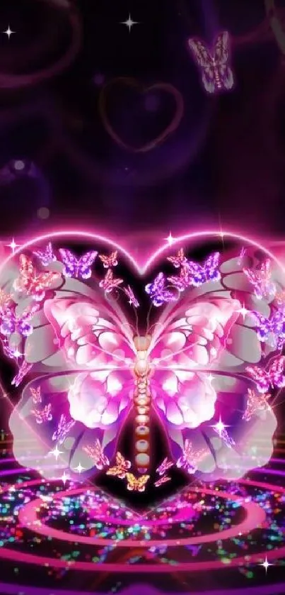 Glowing neon butterfly heart wallpaper design.