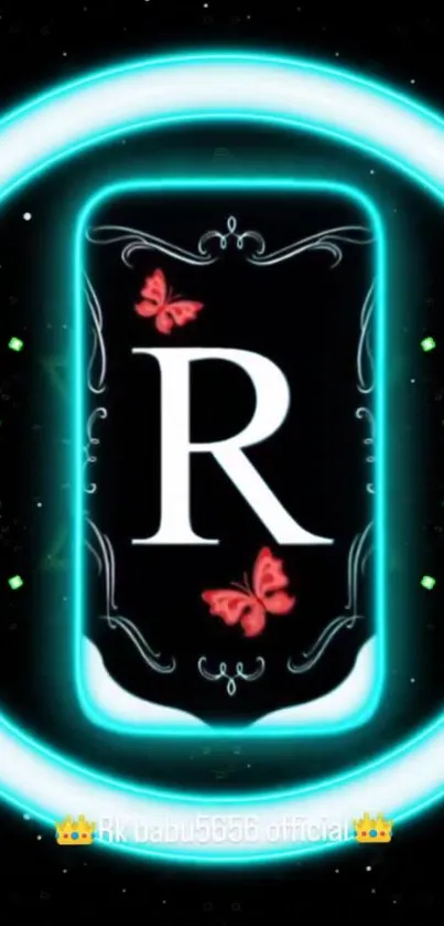 Bold 'R' initial with neon glow and butterflies on a black background.