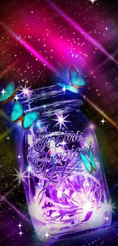 Neon butterflies surround glowing jar on dark grid background.