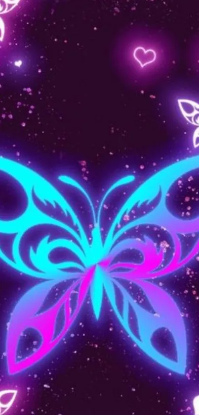 Vibrant neon butterfly wallpaper with glowing hearts on a purple background.