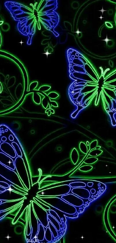 Neon butterflies with green and blue hues on a black background.