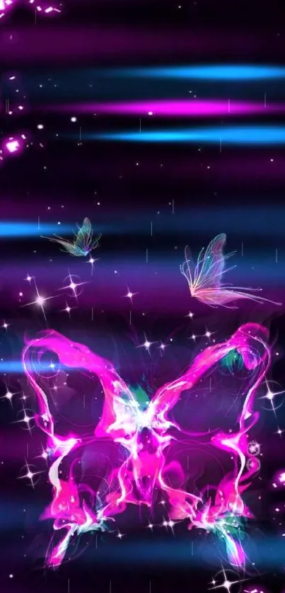 Vibrant neon butterfly wallpaper with pink glow.