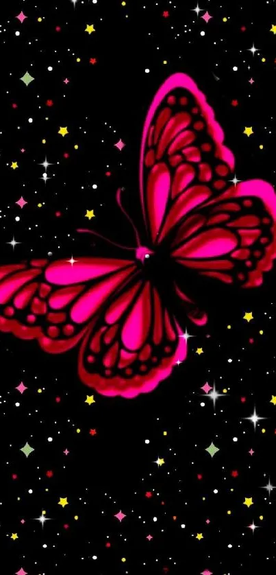 Neon pink butterfly on a black starry background.