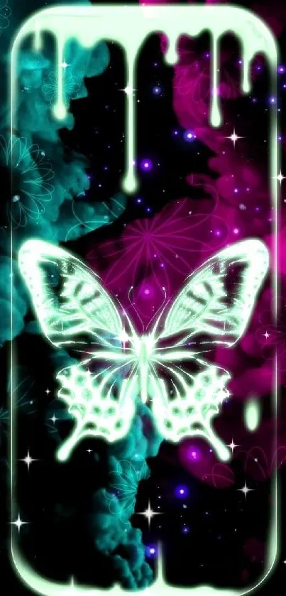 Neon butterfly with vibrant pink and turquoise background.