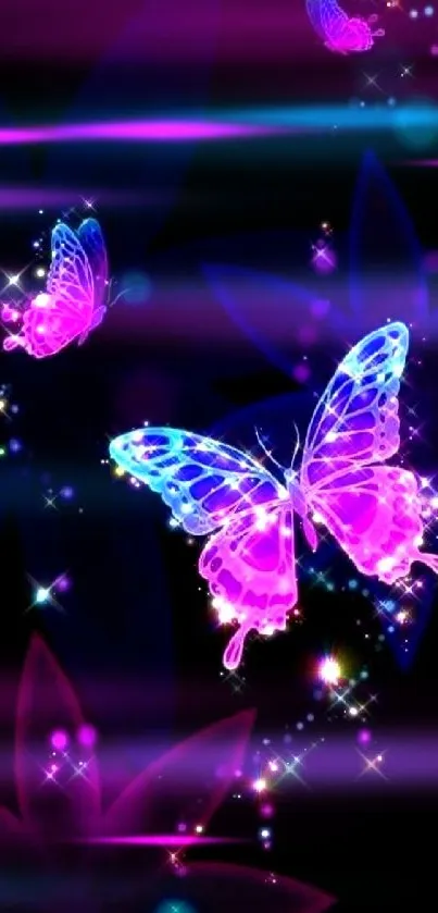 Neon butterflies on dark background wallpaper.