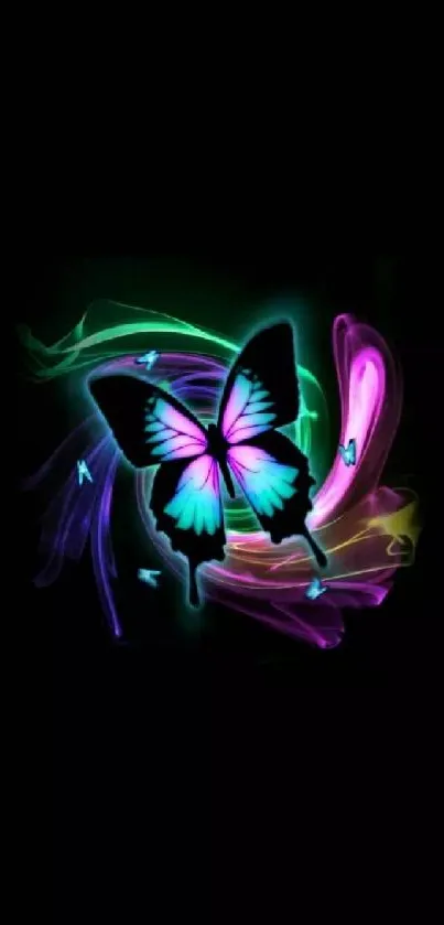 Vibrant neon butterfly against black background with colorful light trails.