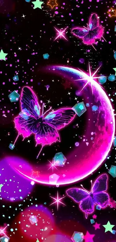 Neon wallpaper with butterflies, stars, and a moon.