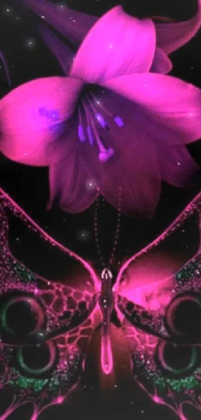 Neon butterfly and flower wallpaper in pink tones on black background.