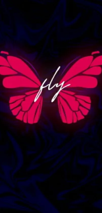 Neon pink butterfly with 'fly' text on dark blue background.