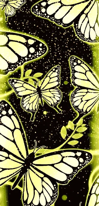 Neon butterfly wallpaper with yellow-green hues and intricate design.