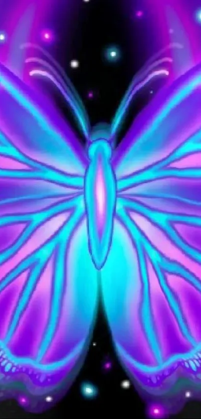 Neon butterfly wallpaper with cosmic background.