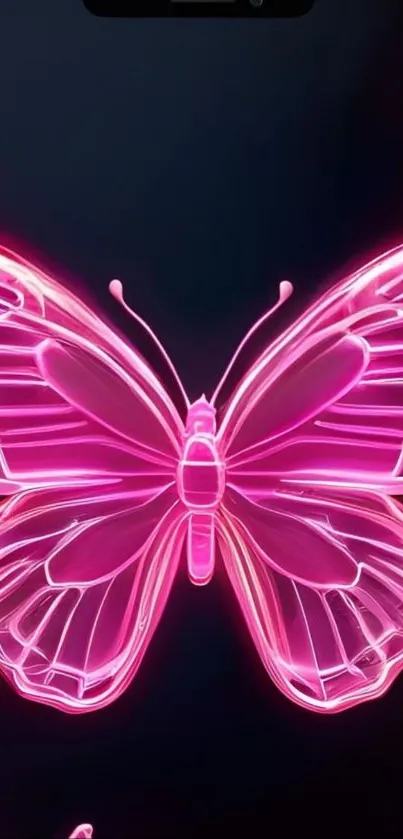 Neon pink butterfly glowing on phone screen.