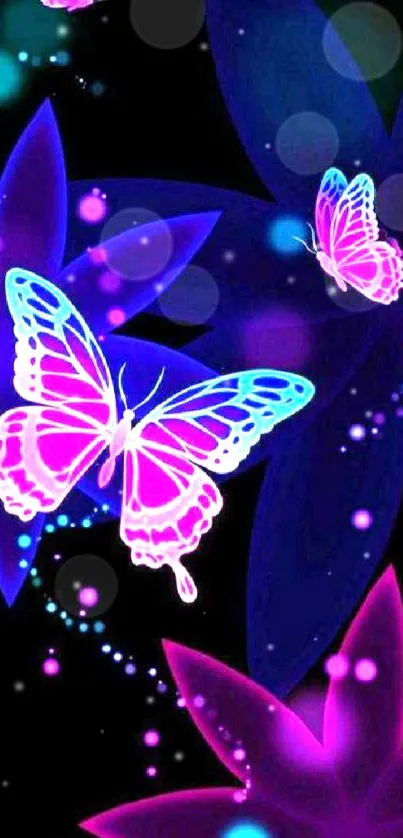 Colorful neon butterflies on a dark background.