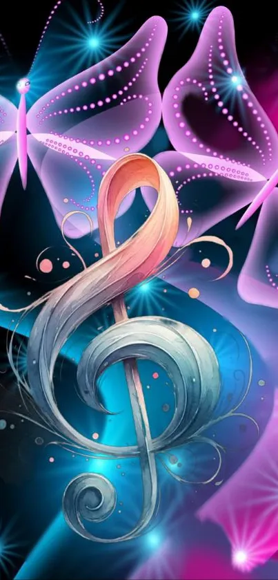 Neon butterfly phone wallpaper with pink and blue glow.