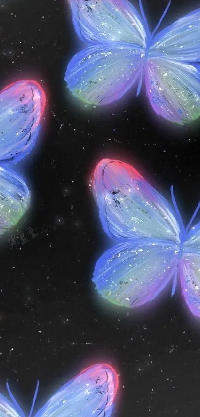 Vibrant neon butterflies on black background wallpaper.