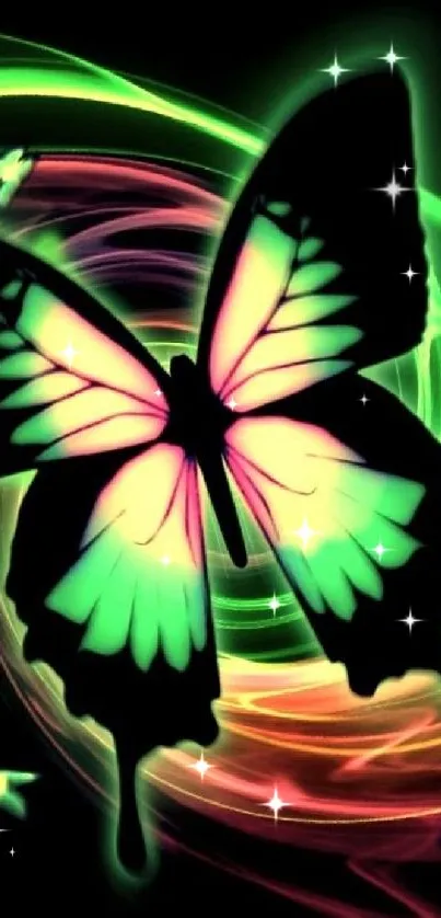 Neon butterfly with glowing colors on a dark background.