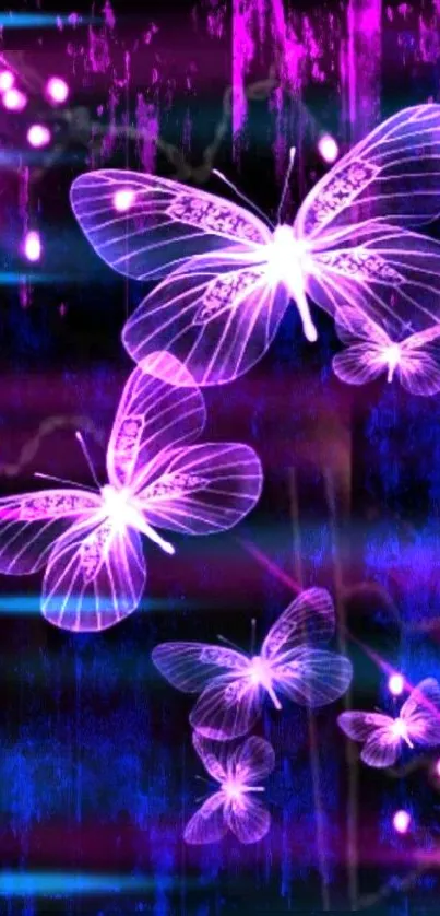 Neon butterflies with a glowing purple aura on a dark abstract background.