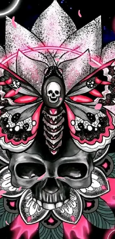 Neon butterfly and skull artwork in a dark cosmic theme.