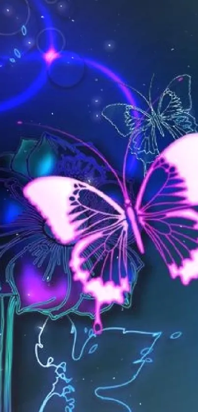 Neon butterfly art on dark background.