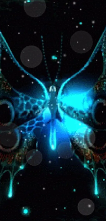 Neon butterfly glowing in dark cosmic background.