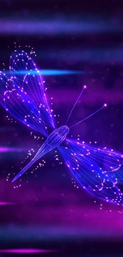 Neon butterfly in purple hues against dark background.