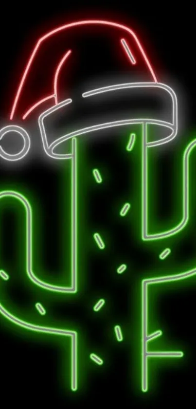 Neon green cactus with Santa hat on black background.