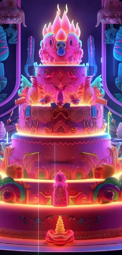 Neon cake in a mystical setting with vibrant colors and glowing details.