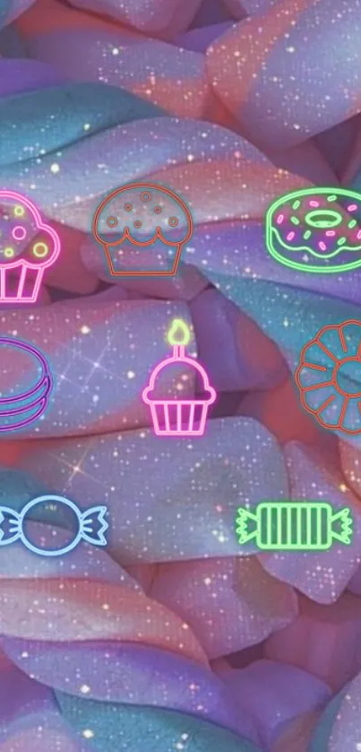 Neon-themed candy and cupcake wallpaper with vibrant colors.