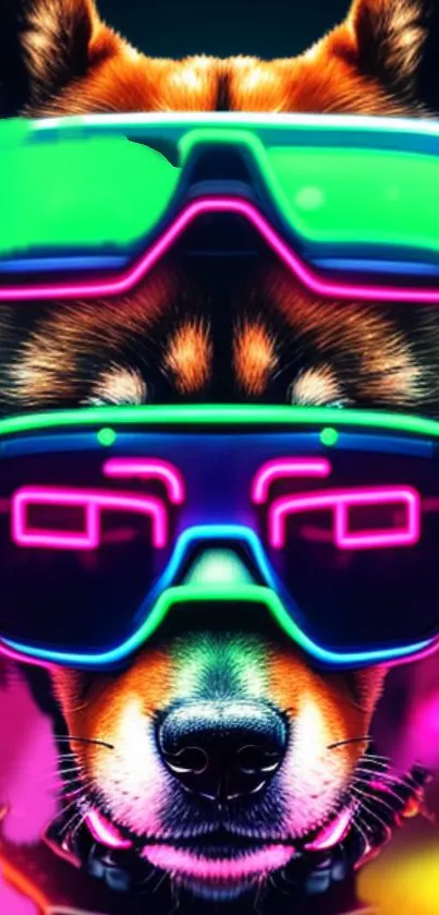 Neon art of a dog wearing vibrant, futuristic glasses.