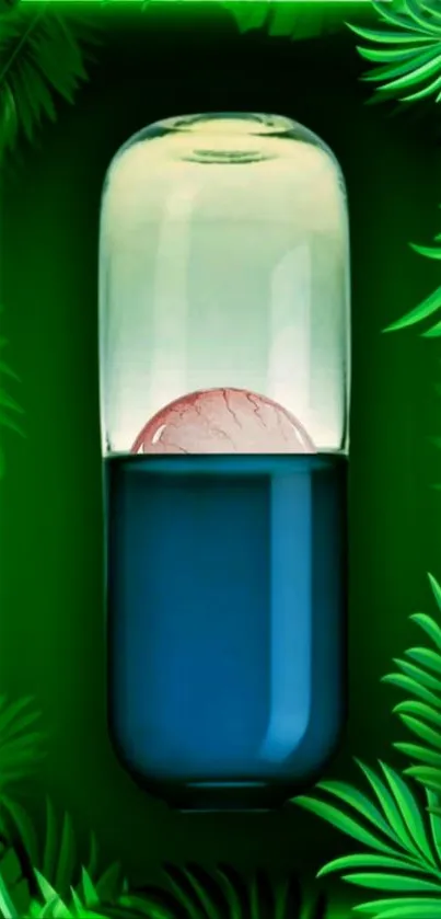 Neon capsule surrounded by green leaves on wallpaper.