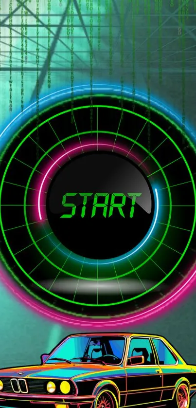 Neon-themed wallpaper with retro car and start button.