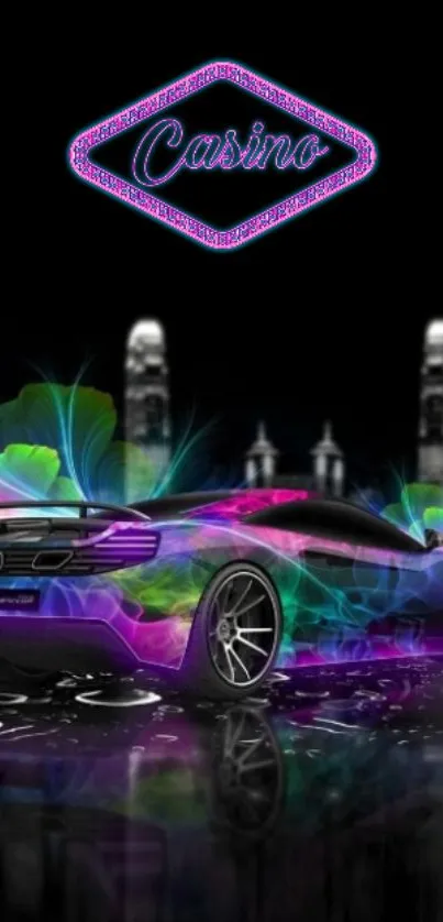 Sleek neon sports car with colorful light effects.