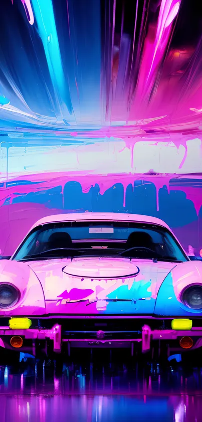 Vibrant neon-colored car on artistic background.