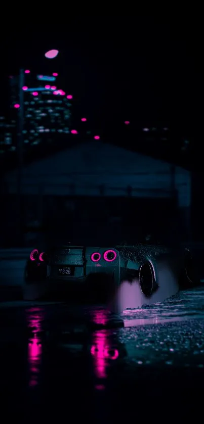 Neon-lit sports car in dark cityscape at night.