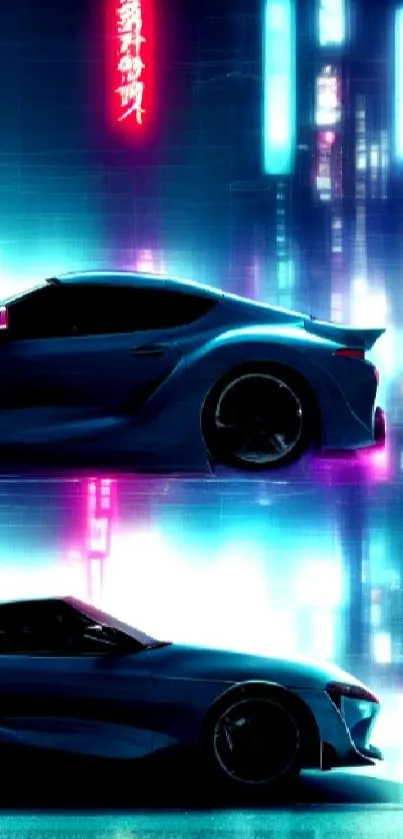 Futuristic neon cityscape featuring sleek car silhouette.