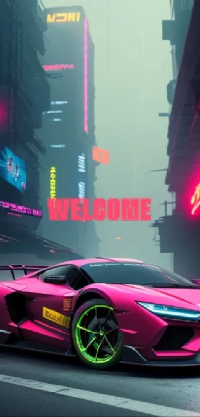 Neon sports car in futuristic city with vibrant signs.