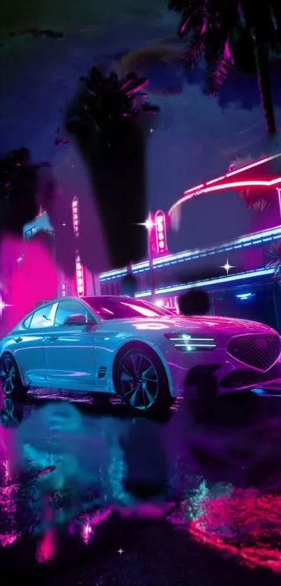 Stylish car in a neon-lit cityscape with vibrant pink and blue hues.