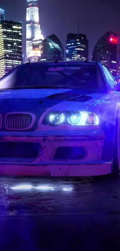 Neon-lit car in a futuristic cityscape at night.