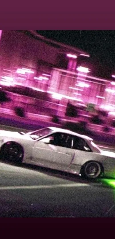 Neon-lit car drifting at night in an urban setting.