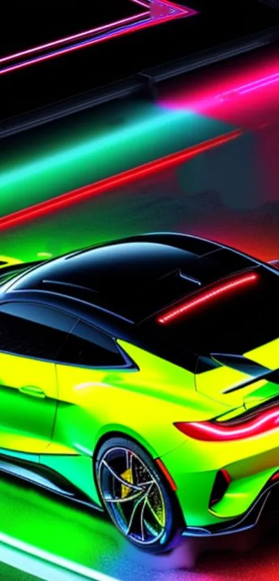 Futuristic neon car with glowing colors on a sleek background.