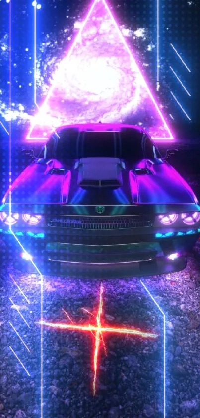 Neon car under galaxy triangle in vibrant purple and black theme.
