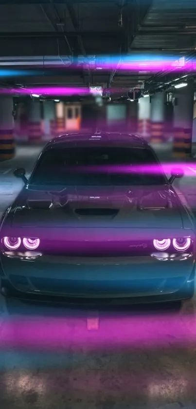 Sports car with neon lights in an urban garage setting, exuding a vibrant vibe.