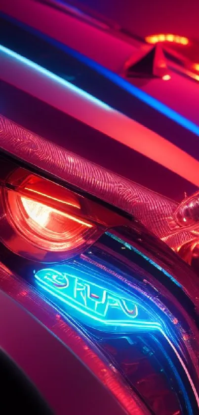 Close-up of a neon-lit car headlight with futuristic design.